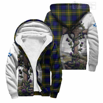 Moore Tartan Sherpa Hoodie with Family Crest and St. Andrew's Cross Accented by Thistle Vines Unisex S - Tartan Vibes Clothing