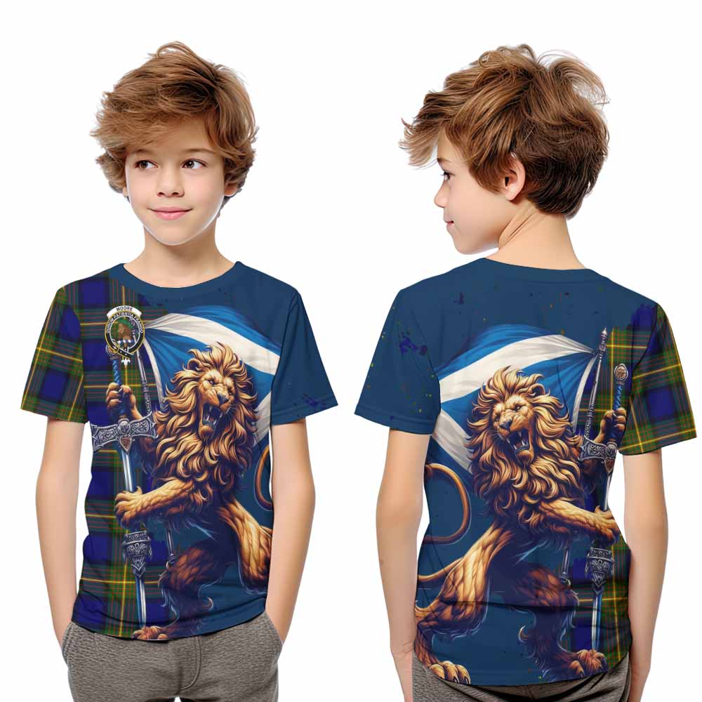 Moore Tartan Family Crest Kid T-Shirt with Scottish Majestic Lion Youth XL Size14 - Tartan Vibes Clothing