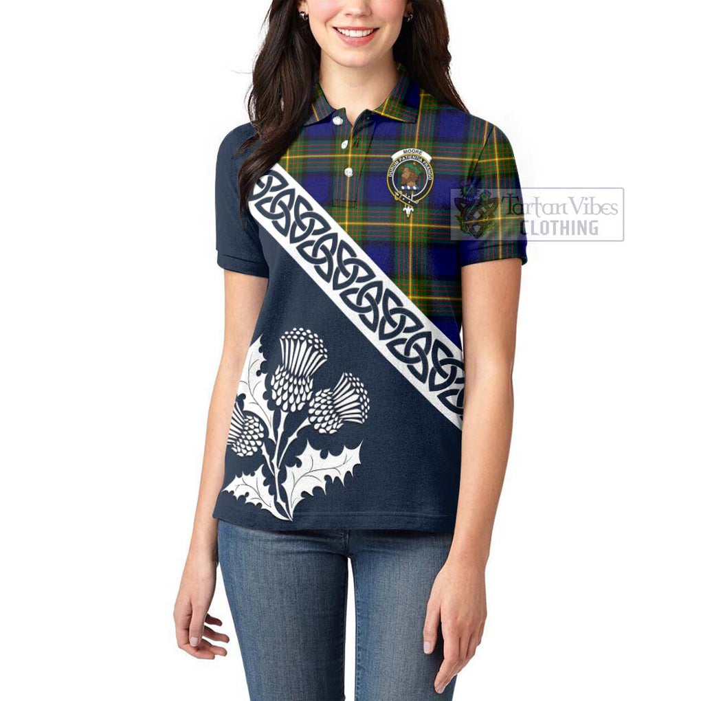 Moore Tartan Women's Polo Shirt Featuring Thistle and Scotland Map - Tartanvibesclothing Store