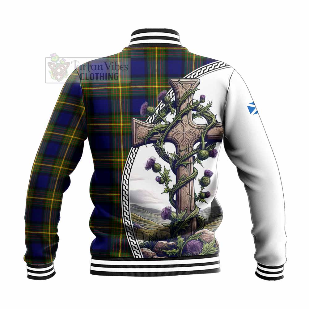 Moore Tartan Baseball Jacket with Family Crest and St. Andrew's Cross Accented by Thistle Vines - Tartan Vibes Clothing