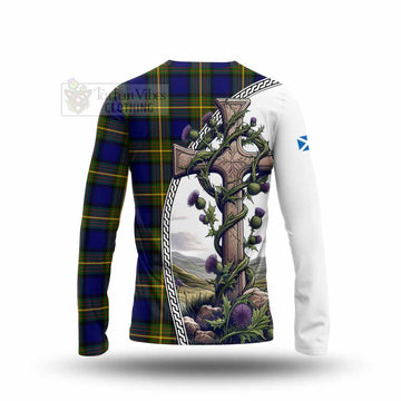 Moore Tartan Long Sleeve T-Shirt with Family Crest and St. Andrew's Cross Accented by Thistle Vines - Tartan Vibes Clothing