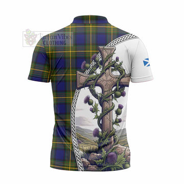 Moore Tartan Zipper Polo Shirt with Family Crest and St. Andrew's Cross Accented by Thistle Vines - Tartan Vibes Clothing