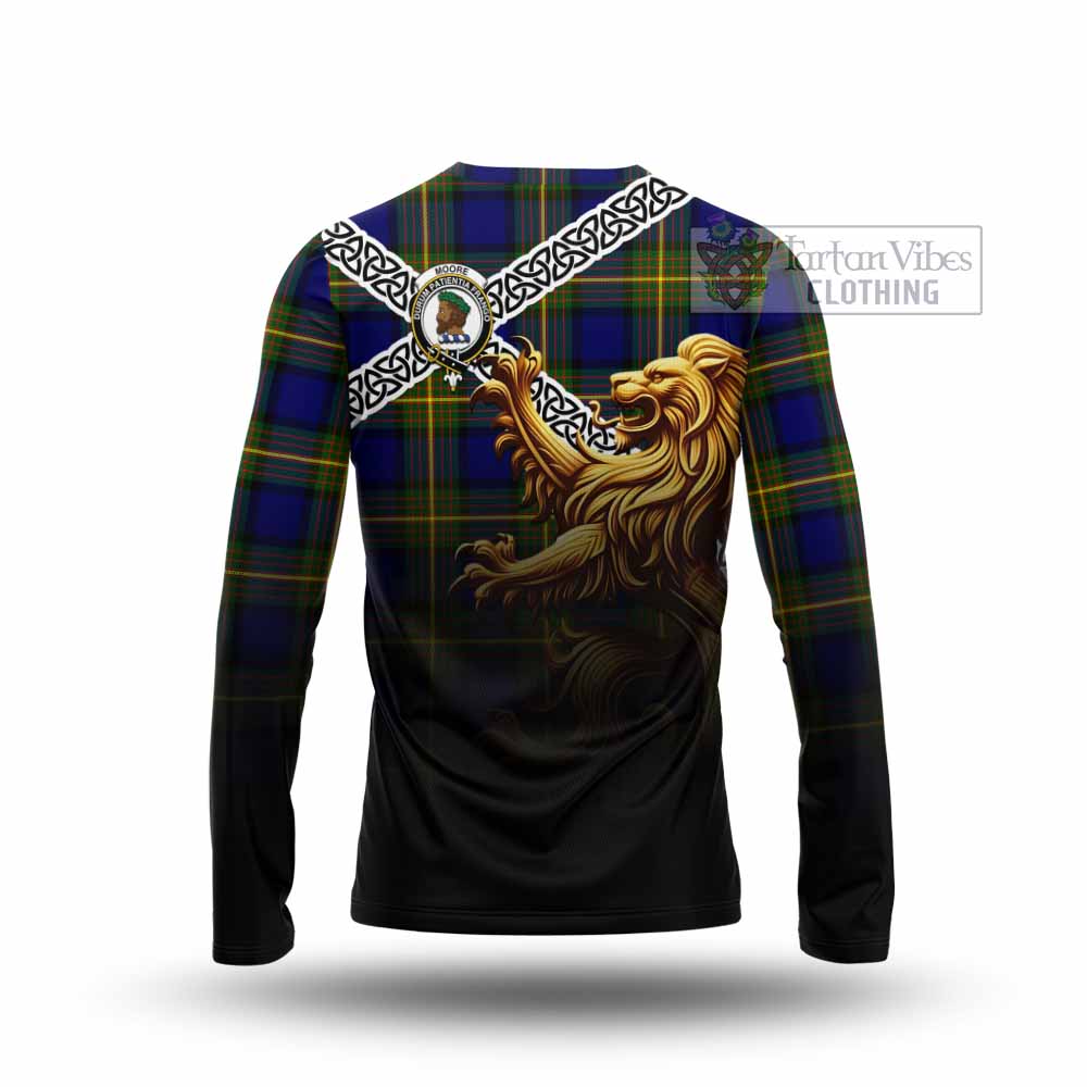 Tartan Vibes Clothing Moore Crest Tartan Long Sleeve T-Shirt with Golden Lion Emblem Celtic Style