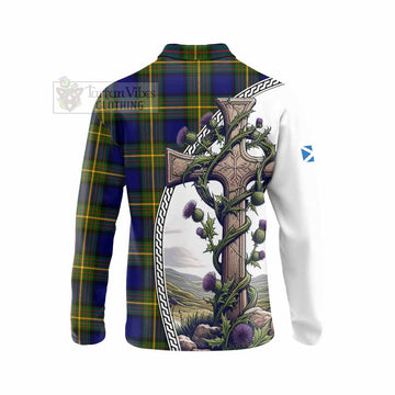 Moore Tartan Long Sleeve Polo Shirt with Family Crest and St. Andrew's Cross Accented by Thistle Vines - Tartan Vibes Clothing