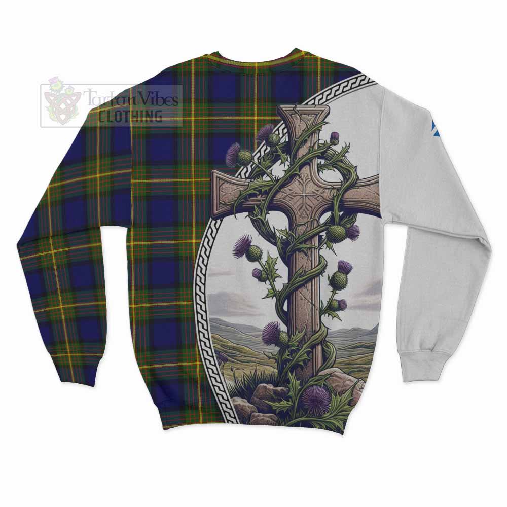 Moore Tartan Sweatshirt with Family Crest and St. Andrew's Cross Accented by Thistle Vines - Tartan Vibes Clothing