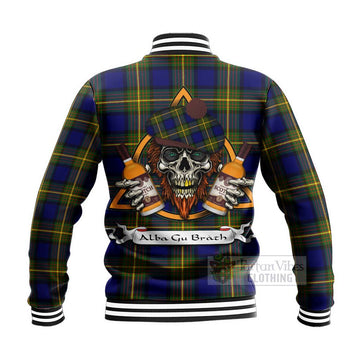 Moore Tartan Baseball Jacket with Family Crest and Bearded Skull Holding Bottles of Whiskey - Tartan Vibes Clothing