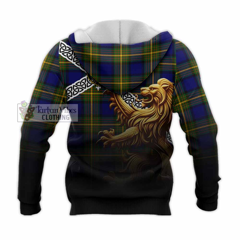 Tartan Vibes Clothing Moore Crest Tartan Knitted Hoodie with Golden Lion Emblem Celtic Style