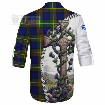 Moore Tartan Ghillie Kilt Shirt with Family Crest and St. Andrew's Cross Accented by Thistle Vines - Tartan Vibes Clothing