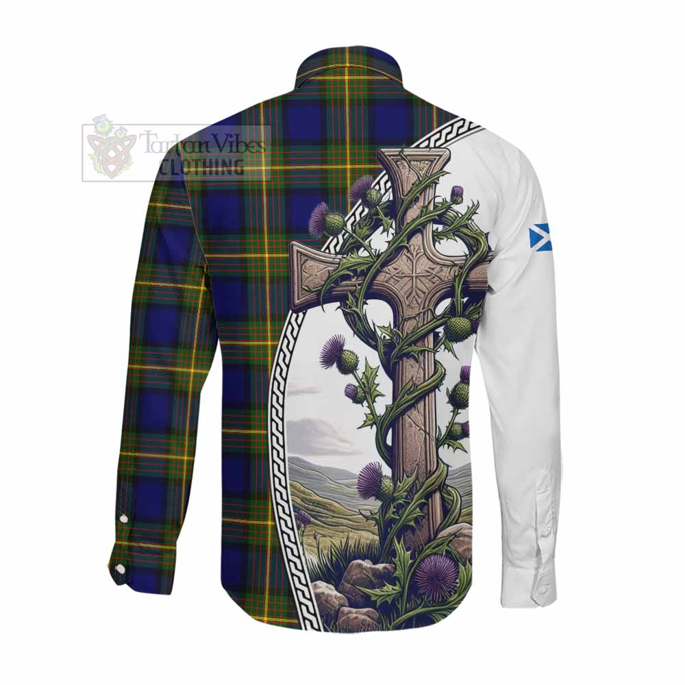 Moore Tartan Long Sleeve Button Shirt with Family Crest and St. Andrew's Cross Accented by Thistle Vines Men's Shirt - Tartan Vibes Clothing
