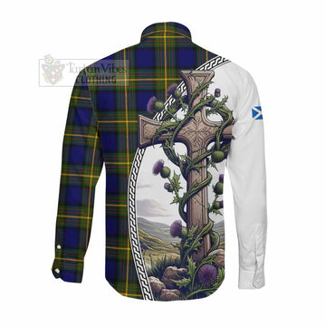 Moore Tartan Long Sleeve Button Shirt with Family Crest and St. Andrew's Cross Accented by Thistle Vines Men's Shirt - Tartan Vibes Clothing