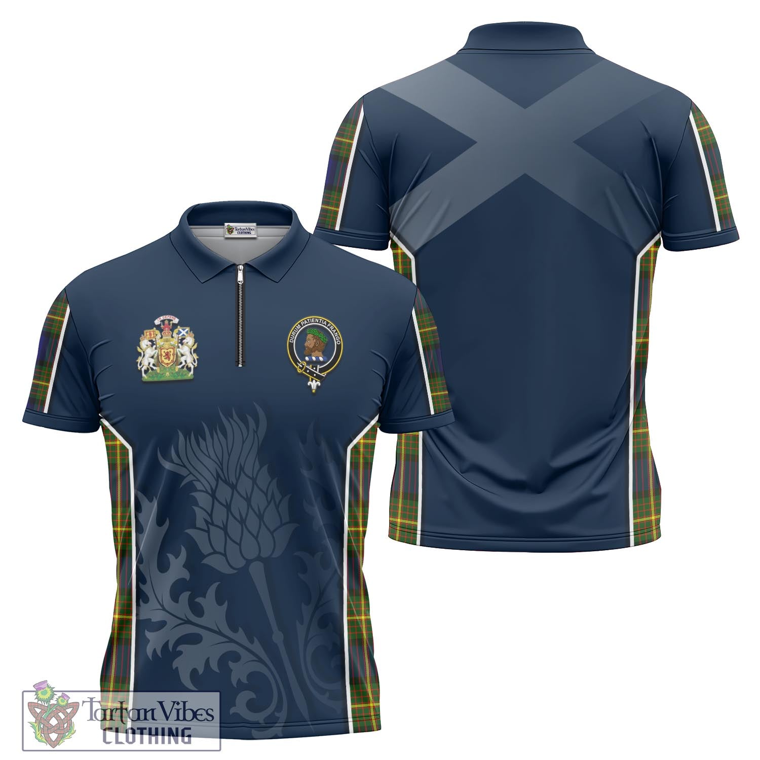 Tartan Vibes Clothing Moore Tartan Zipper Polo Shirt with Family Crest and Scottish Thistle Vibes Sport Style