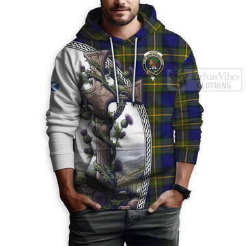 Moore Tartan Hoodie with Family Crest and St. Andrew's Cross Accented by Thistle Vines - Tartan Vibes Clothing