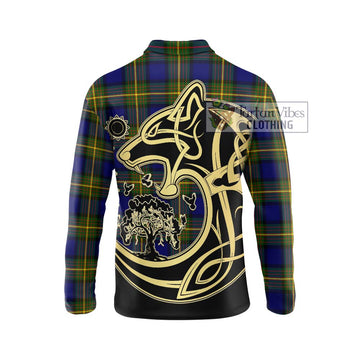 Moore Tartan Long Sleeve Polo Shirt with Family Crest Celtic Wolf Style - Tartan Vibes Clothing