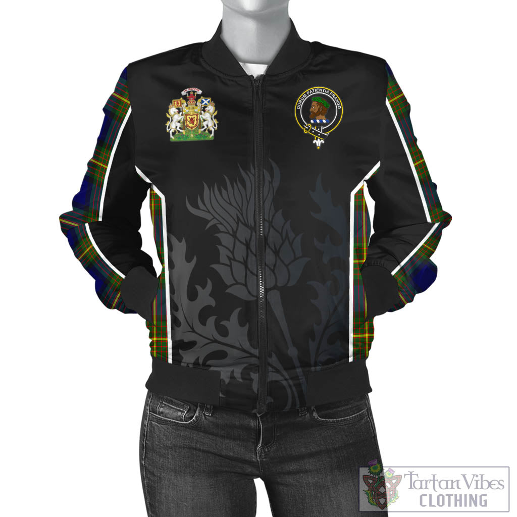 Tartan Vibes Clothing Moore Tartan Bomber Jacket with Family Crest and Scottish Thistle Vibes Sport Style