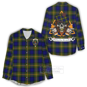 Moore Tartan Women's Casual Shirt with Family Crest and Bearded Skull Holding Bottles of Whiskey - Tartan Vibes Clothing