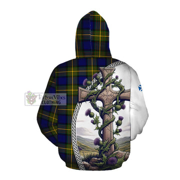 Moore Tartan Cotton Hoodie with Family Crest and St. Andrew's Cross Accented by Thistle Vines Pullover Hoodie - Tartan Vibes Clothing