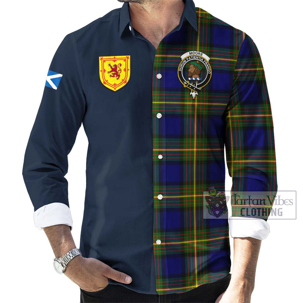 Moore Tartan Long Sleeve Button Shirt Alba with Scottish Lion Royal Arm Half Style Men's Shirt - Tartan Vibes Clothing