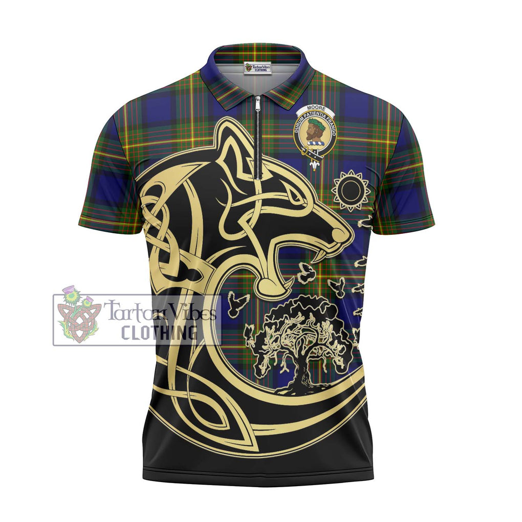 Moore Tartan Zipper Polo Shirt with Family Crest Celtic Wolf Style - Tartan Vibes Clothing