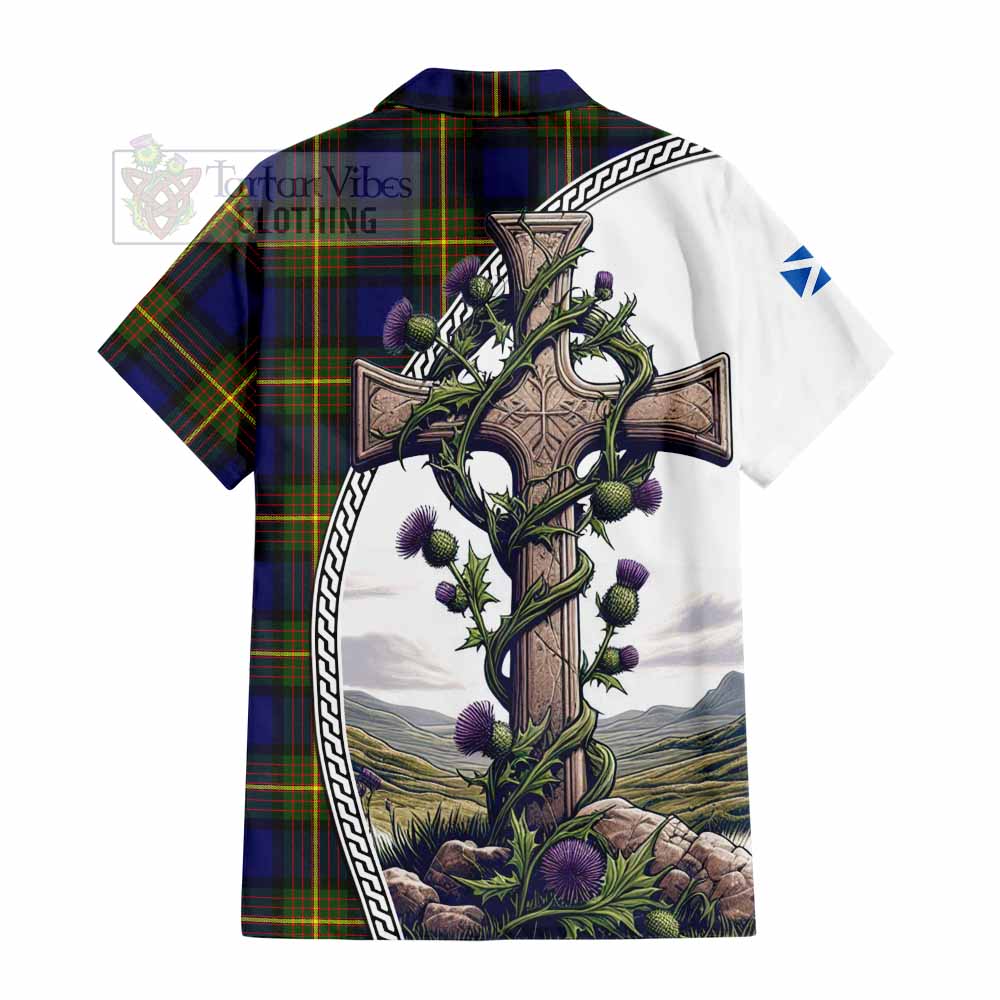 Moore Tartan Hawaiian Shirt with Family Crest and St. Andrew's Cross Accented by Thistle Vines - Tartan Vibes Clothing
