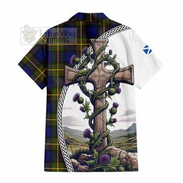 Moore Tartan Hawaiian Shirt with Family Crest and St. Andrew's Cross Accented by Thistle Vines - Tartan Vibes Clothing