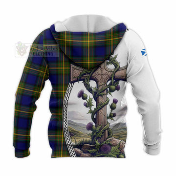 Moore Tartan Knitted Hoodie with Family Crest and St. Andrew's Cross Accented by Thistle Vines - Tartan Vibes Clothing