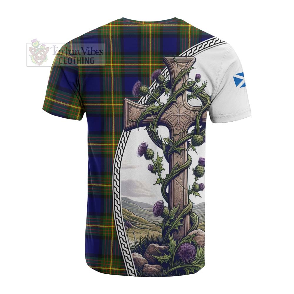 Tartan Vibes Clothing Moore Tartan Cotton T-shirt with Family Crest and St. Andrew's Cross Accented by Thistle Vines