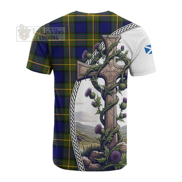 Moore Tartan Cotton T-shirt with Family Crest and St. Andrew's Cross Accented by Thistle Vines