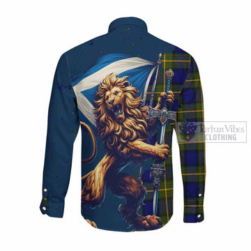 Moore Tartan Family Crest Long Sleeve Button Shirt with Scottish Majestic Lion Men's Shirt - Tartan Vibes Clothing