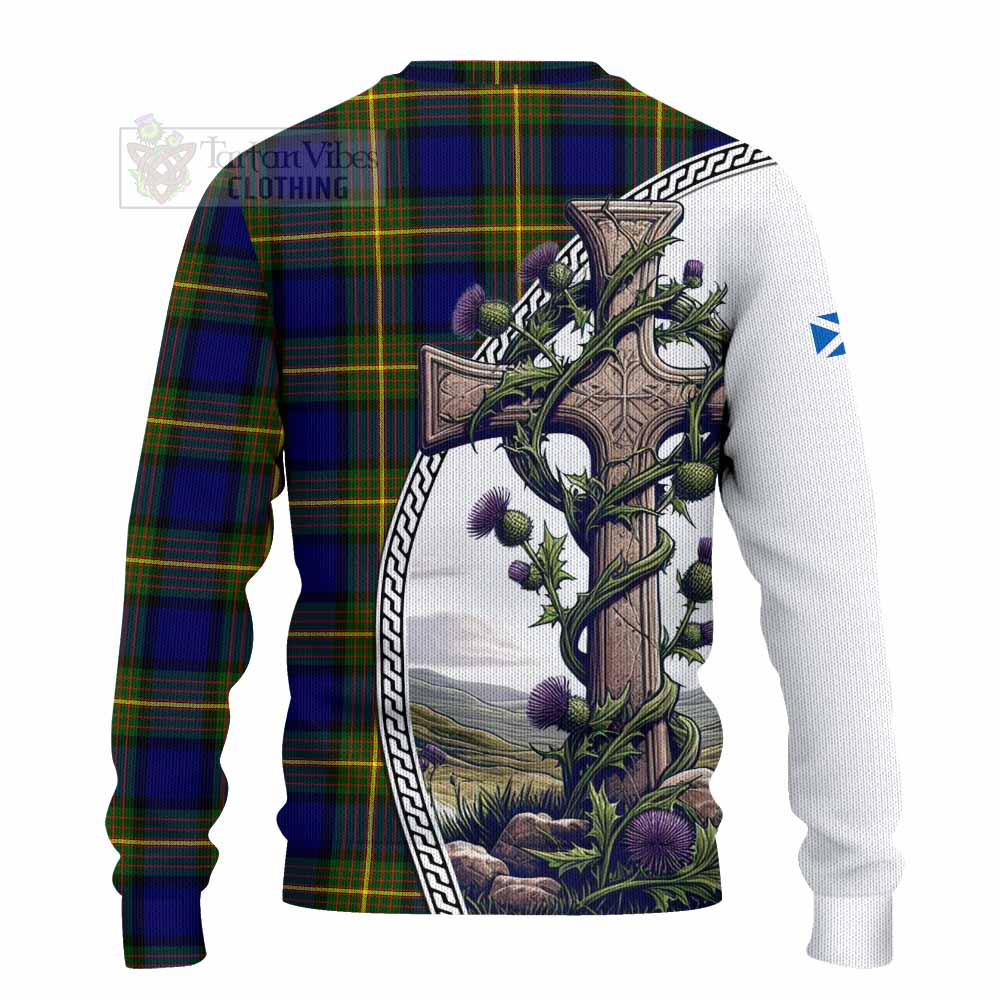 Moore Tartan Knitted Sweater with Family Crest and St. Andrew's Cross Accented by Thistle Vines - Tartan Vibes Clothing