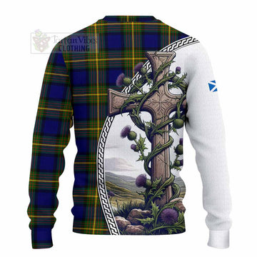 Moore Tartan Knitted Sweater with Family Crest and St. Andrew's Cross Accented by Thistle Vines - Tartan Vibes Clothing