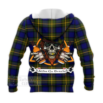Moore Tartan Knitted Hoodie with Family Crest and Bearded Skull Holding Bottles of Whiskey - Tartan Vibes Clothing