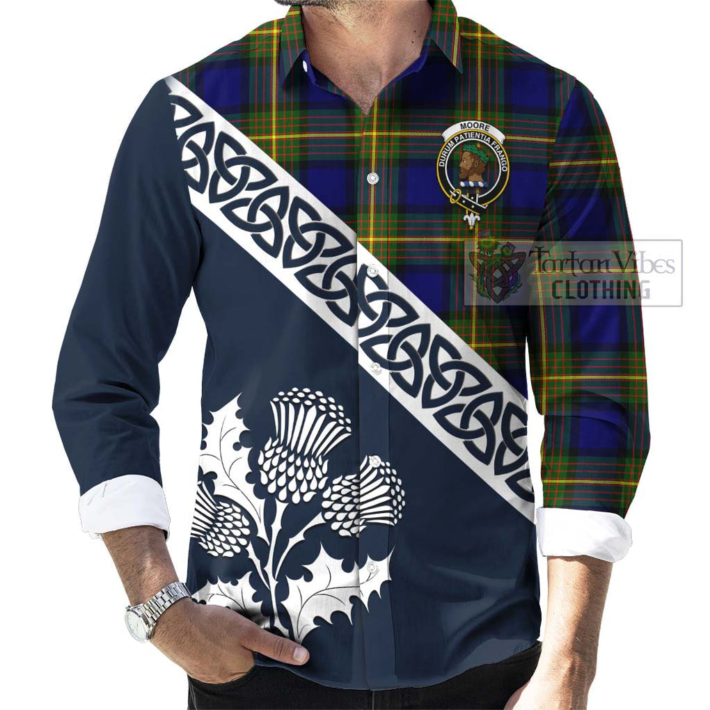 Moore Tartan Long Sleeve Button Shirt Featuring Thistle and Scotland Map Men's Shirt - Tartan Vibes Clothing