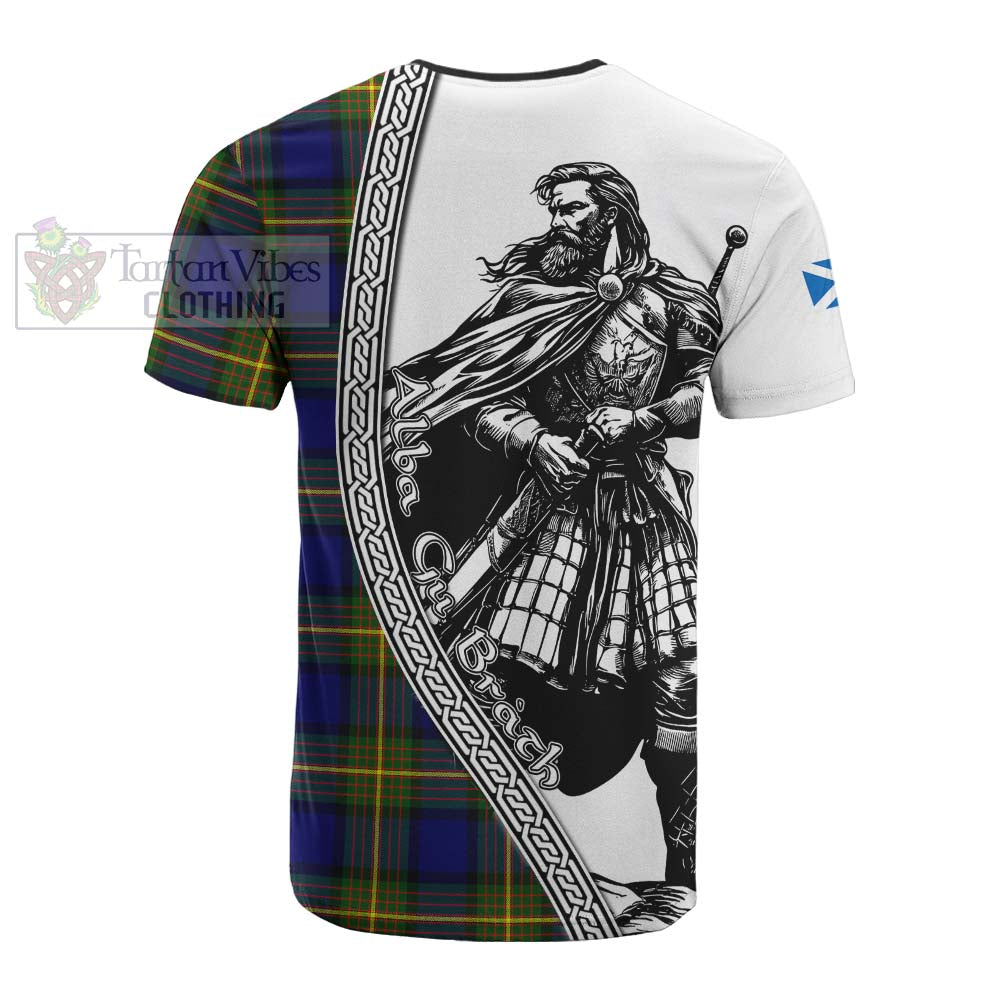 Moore Tartan Clan Crest Cotton T-shirt with Highlander Warrior Celtic Style