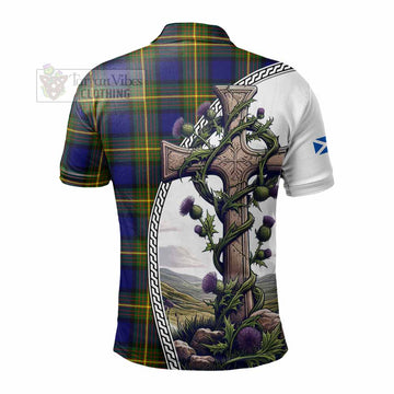 Moore Tartan Polo Shirt with Family Crest and St. Andrew's Cross Accented by Thistle Vines - Tartan Vibes Clothing