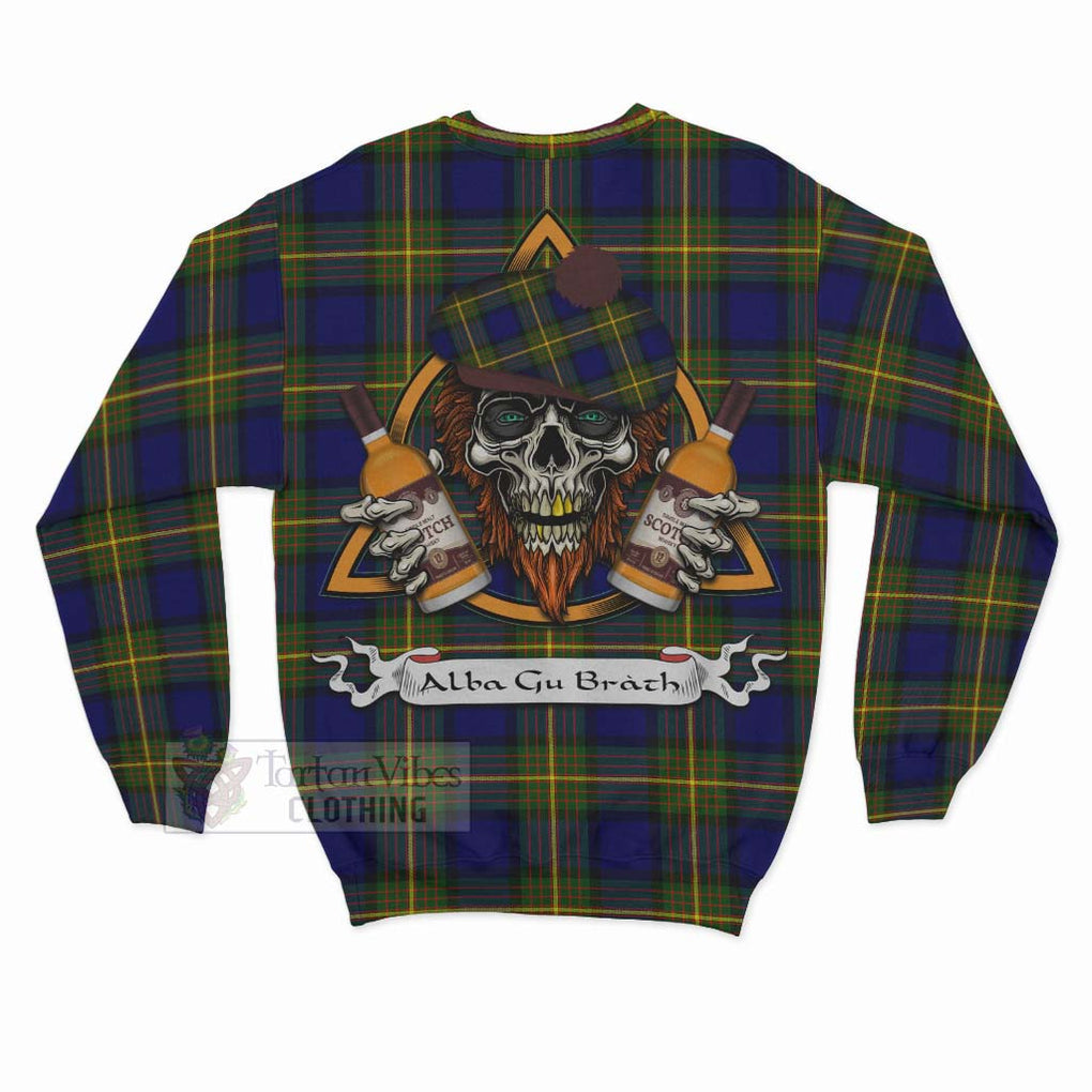 Moore Tartan Sweatshirt with Family Crest and Bearded Skull Holding Bottles of Whiskey - Tartan Vibes Clothing