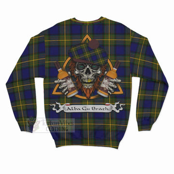 Moore Tartan Sweatshirt with Family Crest and Bearded Skull Holding Bottles of Whiskey - Tartan Vibes Clothing