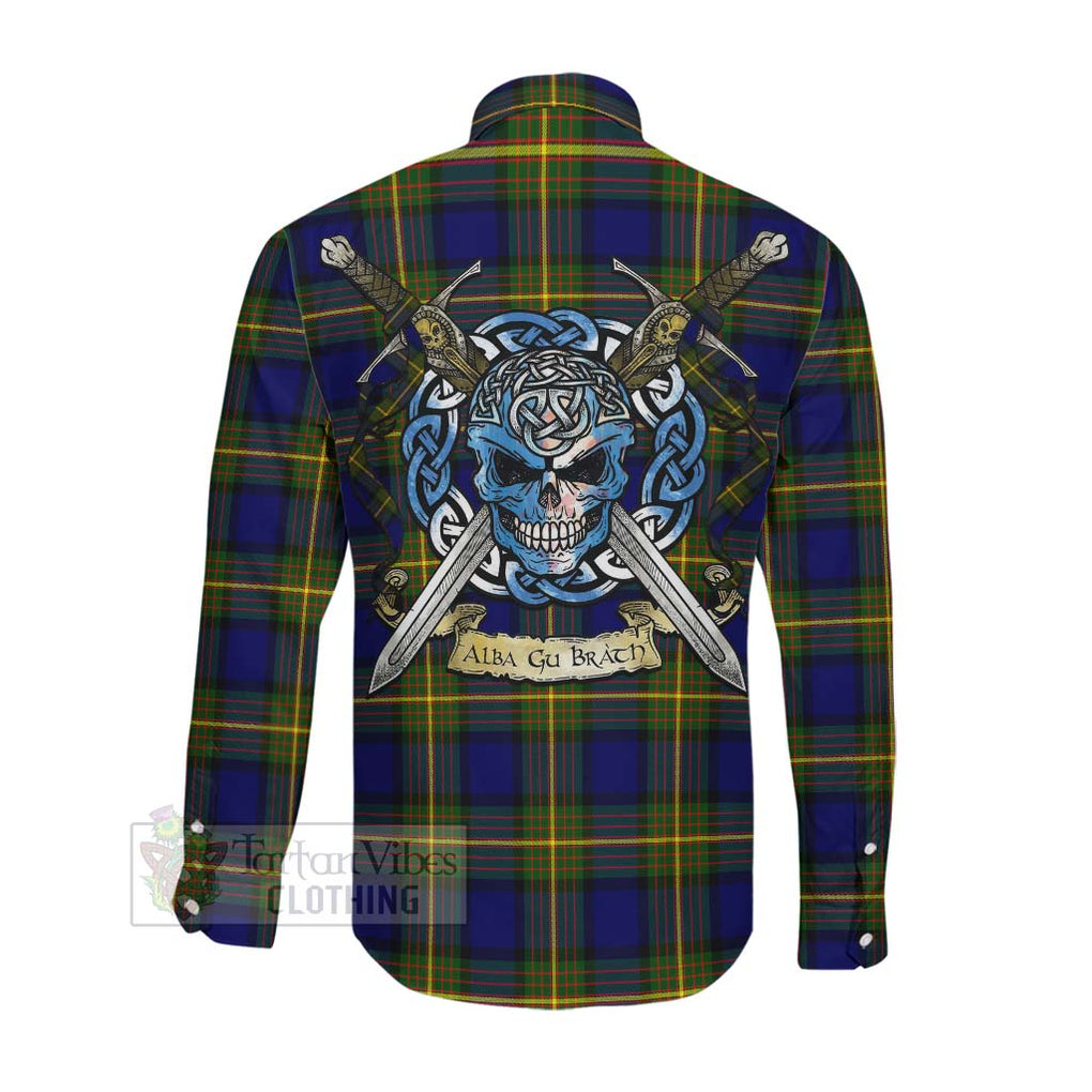 Moore Tartan Long Sleeve Button Shirt with Family Crest Celtic Skull Style Men's Shirt - Tartan Vibes Clothing