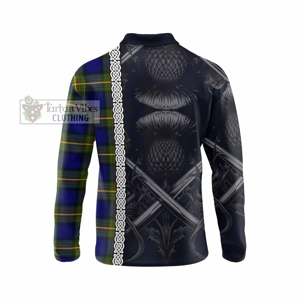Moore Tartan Long Sleeve Polo Shirt with Family Crest Cross Sword Thistle Celtic Vibes - Tartan Vibes Clothing