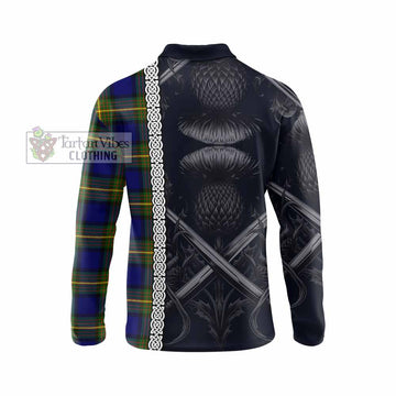 Moore Tartan Long Sleeve Polo Shirt with Family Crest Cross Sword Thistle Celtic Vibes - Tartan Vibes Clothing