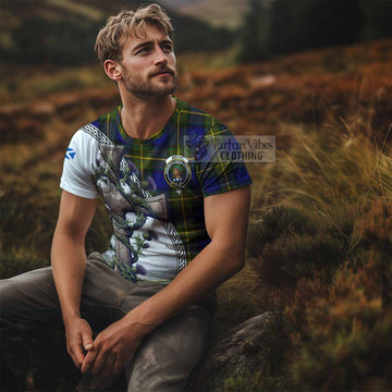 Moore Tartan T-Shirt with Family Crest and St. Andrew's Cross Accented by Thistle Vines - Tartan Vibes Clothing