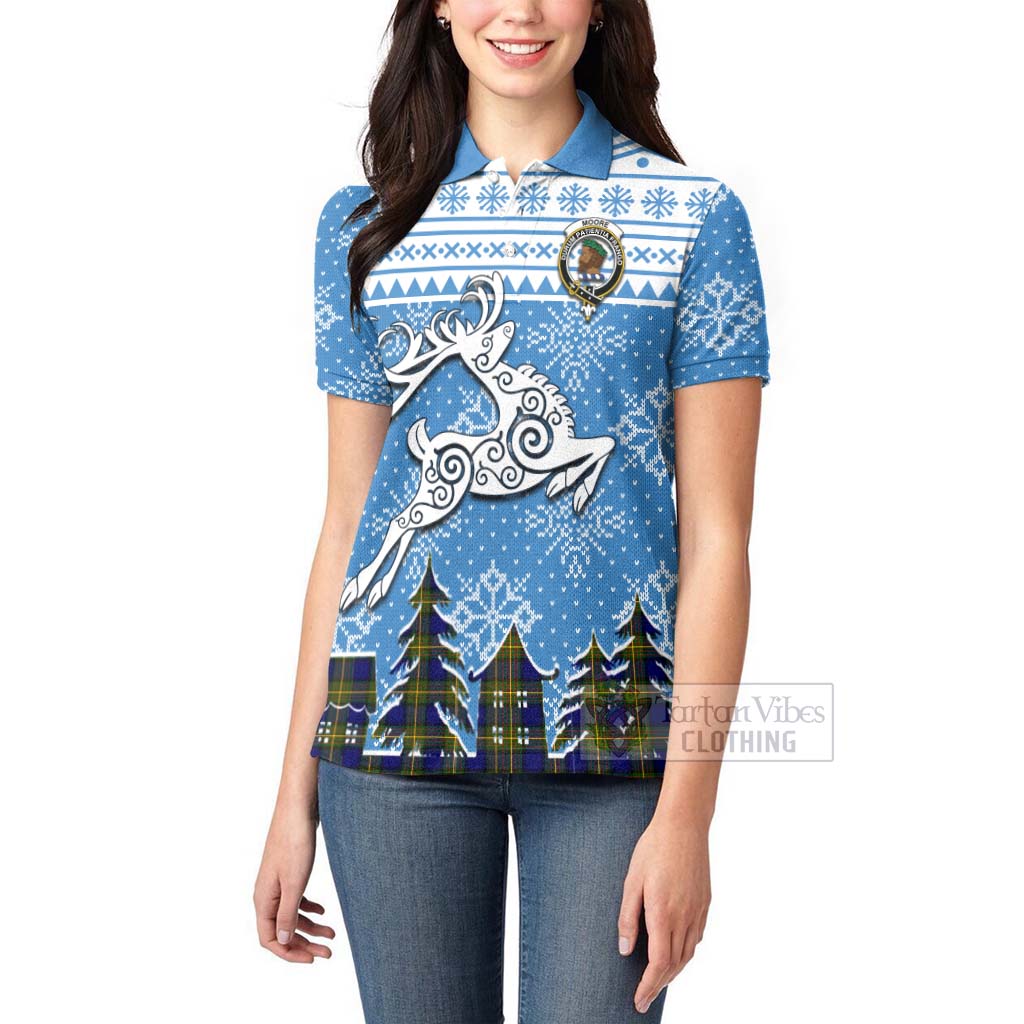 Moore Clan Christmas Women's Polo Shirt Celtic Reindeer Style - Tartan Vibes Clothing
