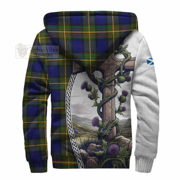 Moore Tartan Sherpa Hoodie with Family Crest and St. Andrew's Cross Accented by Thistle Vines - Tartan Vibes Clothing