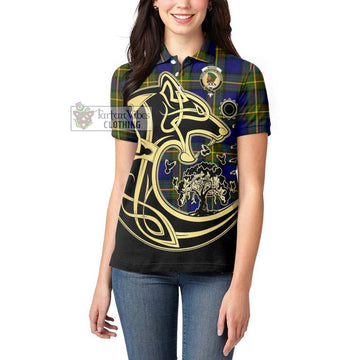 Moore Tartan Women's Polo Shirt with Family Crest Celtic Wolf Style - Tartan Vibes Clothing