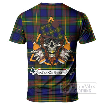 Moore Tartan T-Shirt with Family Crest and Bearded Skull Holding Bottles of Whiskey - Tartan Vibes Clothing