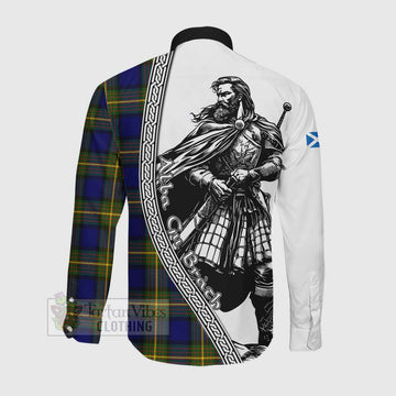 Moore Tartan Clan Crest Long Sleeve Button Shirt with Highlander Warrior Celtic Style Men's Shirt - Tartan Vibes Clothing