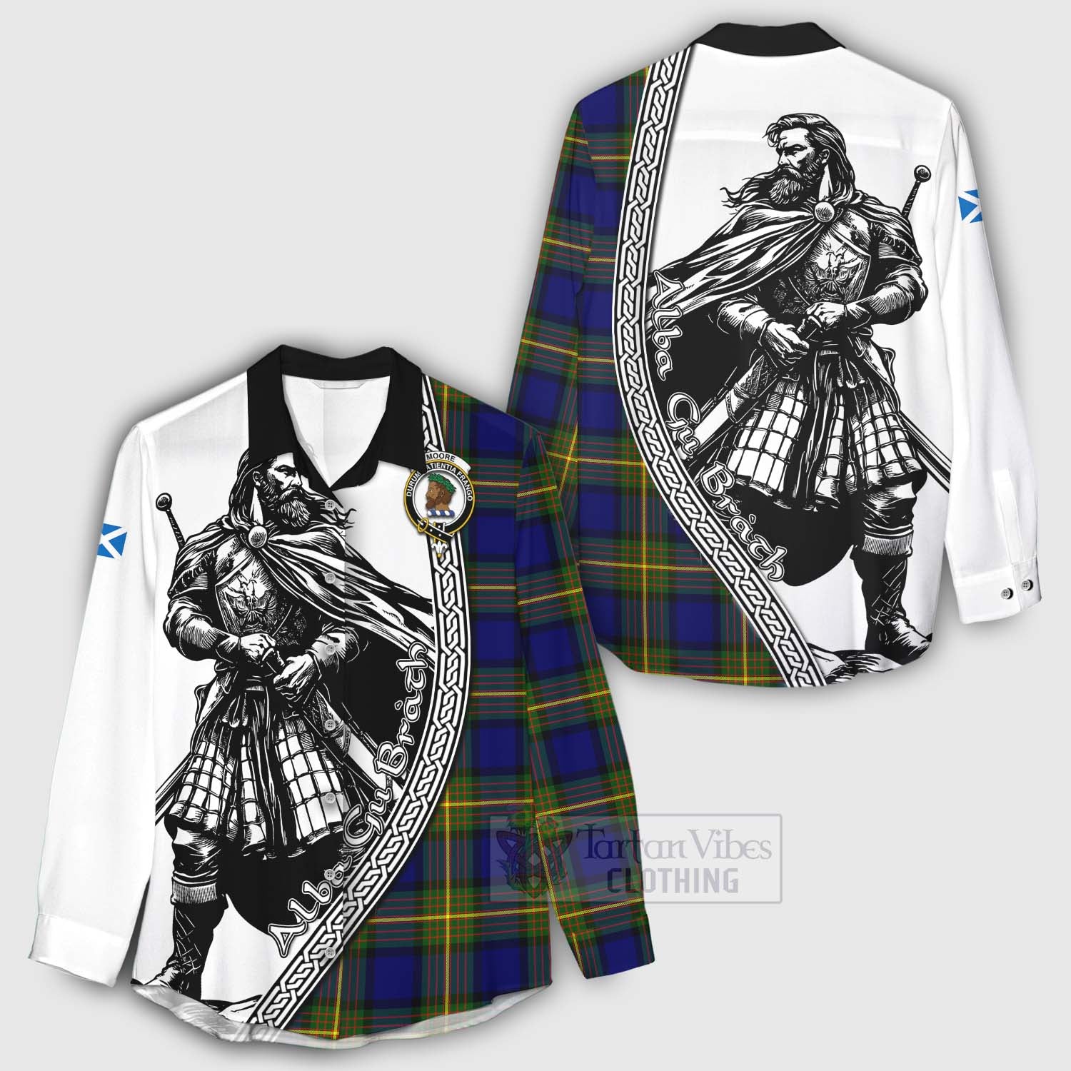 Moore Tartan Clan Crest Women's Casual Shirt with Highlander Warrior Celtic Style - Tartan Vibes Clothing