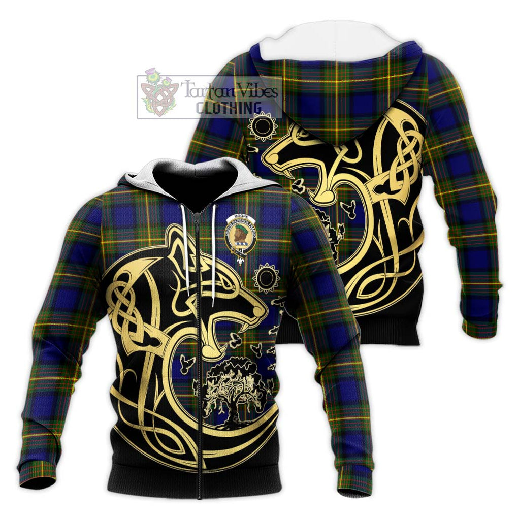 Moore Tartan Knitted Hoodie with Family Crest Celtic Wolf Style Unisex Knitted Zip Hoodie - Tartan Vibes Clothing