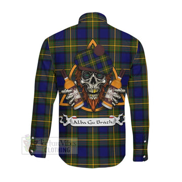 Moore Tartan Long Sleeve Button Shirt with Family Crest and Bearded Skull Holding Bottles of Whiskey Men's Shirt - Tartan Vibes Clothing