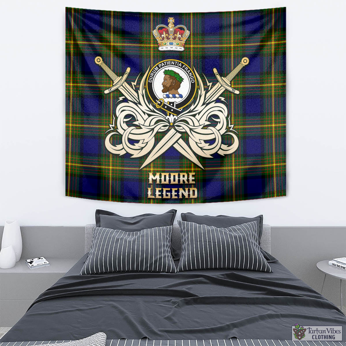 Moore Tartan Tapestry with Clan Crest and the Golden Sword of Courageous Legacy - Tartan Vibes Clothing