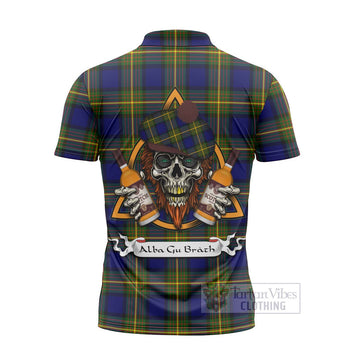 Moore Tartan Zipper Polo Shirt with Family Crest and Bearded Skull Holding Bottles of Whiskey - Tartan Vibes Clothing